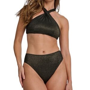 EVERYDAY SUNDAY New Metallic 2pc Bikini Halter Top High Waist Bottoms 8 Medium